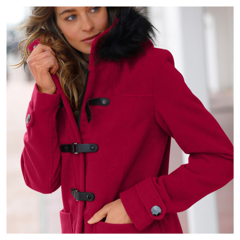Blancheporte Kabát duffle-coat s kapucí a nepravou kožešinou granátová