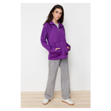 Trendyol Purple Kangaroo Pocket Zipper Detail Scuba Knitted Sweatshirt