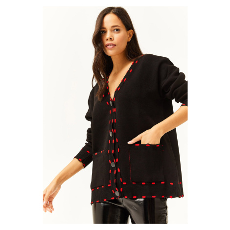 Olalook Women's Black Spotted Pocket Oversize Knitwear Cardigan