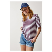 Happiness İstanbul Women's Lilac Crew Neck Striped Oversize Knitted T-Shirt