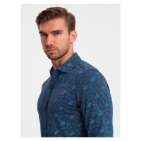 Men's cotton shirt with floral motif - navy blue V1 OM-SHCS-0159