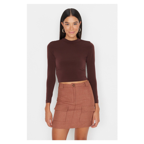Trendyol Brown Stand-Up Collar Fitted/Sticky Knitted Blouse with Long Sleeves