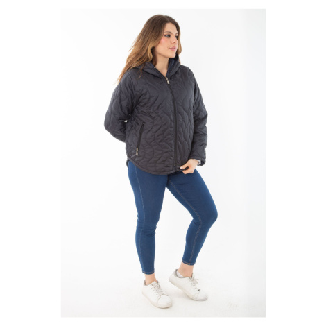 Şans Women's Plus Size Navy Blue Front And Pocket Zippered Hooded Lined Quilted Coat