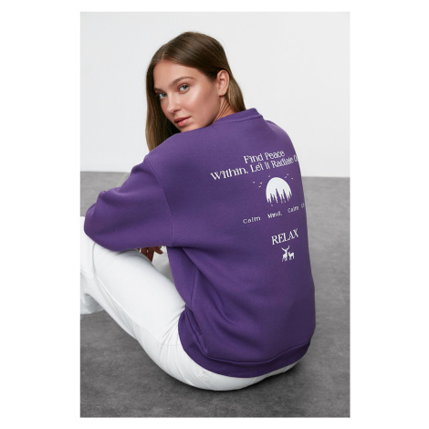 Trendyol Purple Oversize/Wide Pattern Slogan Printed Thick Polar Fleece Knitted Sweatshirt