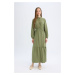 DEFACTO Shirt Collar Basic Plain Buttoned Waist Gathered Long Sleeve Maxi Dress