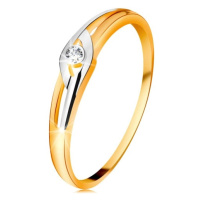 Diamantový prsten ze 14K zlata, dvoubarevná ramena s výřezy, čirý briliant