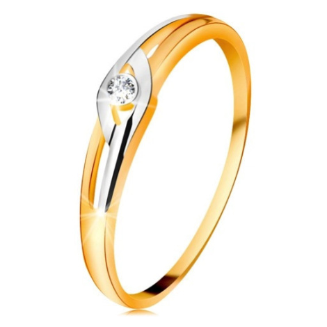 Diamantový prsten ze 14K zlata, dvoubarevná ramena s výřezy, čirý briliant Šperky eshop