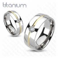 Titanový prsten - zlatý pásek, zirkon