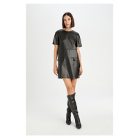 DEFACTO A Cut Round Neck Basic Plain Faux Leather Short Sleeve Mini Dress