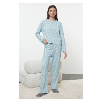 Trendyol Blue 100% Cotton Teddy Bear Patterned Knitted Pajama Set