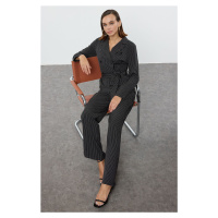 Trendyol Black Belted Striped Jacket Collar Long Jumpsuit