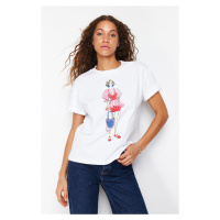 Trendyol White 100% Cotton Printed Relaxed Knitted T-Shirt