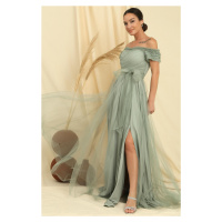 By Saygı Frilly Belted Collar And Sleeves Lined Long Tulle Dress