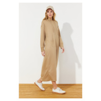 Trendyol Light Brown Kangaroo Pocket Hooded Knitted Sweat Dress