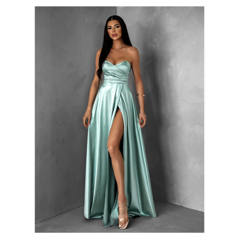 Světle zelené saténové dlouhé šaty SYCHAEUS bez ramínek