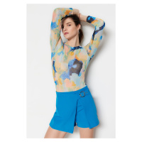 Trendyol Multicolored Printed Crewneck Long Sleeve Flexible Tulle Snapback Knitted Body