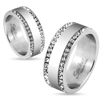Ocelový prsten stříbrné barvy, okraje vykládané čirými zirkonky, 8 mm