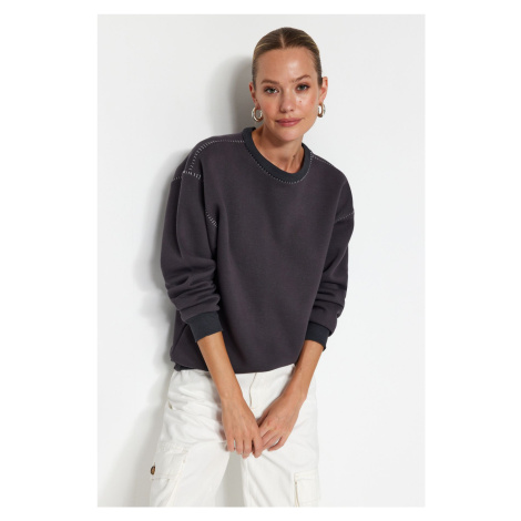 Trendyol Anthracite Crochet Detailed Crew Neck Regular Fit Fleece Inside Knitted Sweatshirt