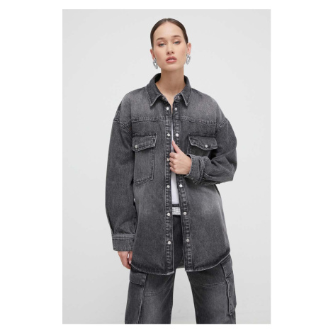 Džínová bunda HUGO dámská, šedá barva, přechodná, oversize, 50508975 Hugo Boss