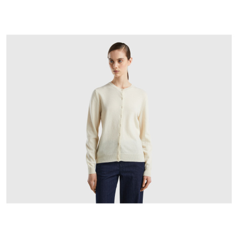 Benetton, Cream Crew Neck Cardigan In Pure Merino Wool United Colors of Benetton