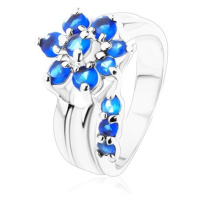 Třpytivý prsten s rozdělenými rameny, zirkonový květ v modrém odstínu