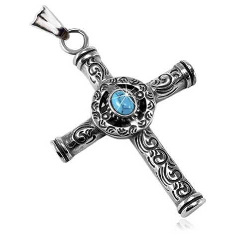 Mohutný přívěsek z oceli 316L, patinovaný keltský kříž s modrým oválem Šperky eshop