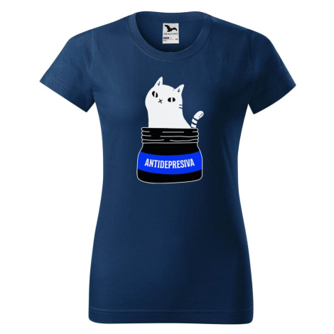 DOBRÝ TRIKO Dámské tričko s potiskem s kočkou ANTIDEPRESIVA Barva: Půlnoční modrá