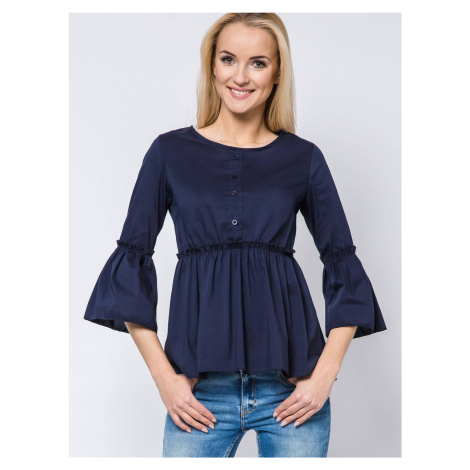 Blouse with frills and lace-up neckline navy blue New Collection