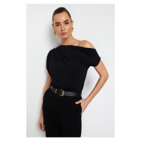 Trendyol Black Regular/Normal Fit Asymmetric Collar Zero Sleeve Stretch Knitted Blouse