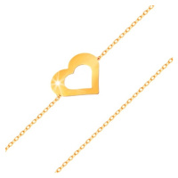 Náramek ve žlutém 14K zlatě - jemný řetízek, plochý obrys srdce, lesklý hladký povrch