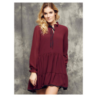 Cocomore Boutiqe dress with stand-up collar and ruffles burgundy