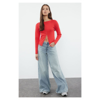 Trendyol Red Button Detailed Crew Neck Ribbed Flexible Regular Length Knitted Blouse