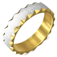 Ocelový prsten zlaté barvy se saténovým pásem, trojúhelníkové výřezy