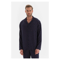 Dagi Navy Blue Shirt Collar Size Printed Viscose Pajama Top