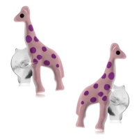 Stříbrné náušnice 925, světle růžová glazovaná žirafa s fialovými tečkami