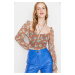 Trendyol Brown Floral Pattern Tie Detailed Sweetheart Neck Crop Stretchy Tulle Knitted Blouse