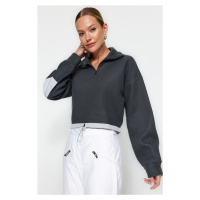 Trendyol Anthracite Crop Parachute Detailed Polo Neck Zipper With Stopper Fleece Knitted Sweatsh