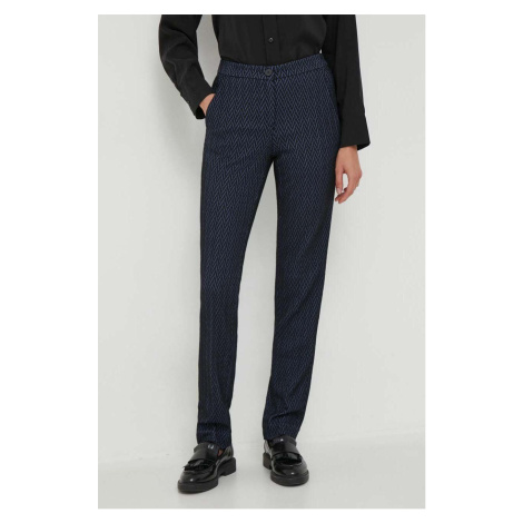 Kalhoty s příměsí vlny Emporio Armani tmavomodrá barva, přiléhavé, high waist