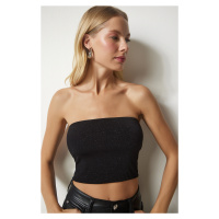 Happiness İstanbul Women's Black Glittery Strapless Crop Top