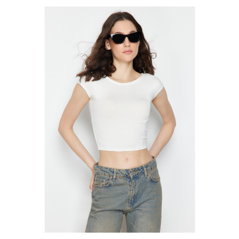 Trendyol White Crew Neck Moon Sleeve Crop Knitted Blouse