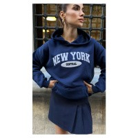 Laluvia Navy Blue Premium Cotton New York Print Hooded Sweatshirt