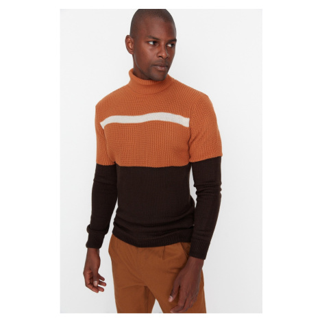 Trendyol Camel Men Slim Fit Turtleneck Line Detailed Knitwear Sweater