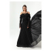 Lafaba Women's Black Halter Low Sleeve Chiffon Evening Dress.
