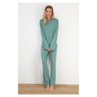 Trendyol Mint Cotton Slit Detailed Tshirt-Pants Knitted Pajamas Set