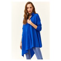 Olalook Women's Saks Blue Shirt Collar Asymmetrical Tunic