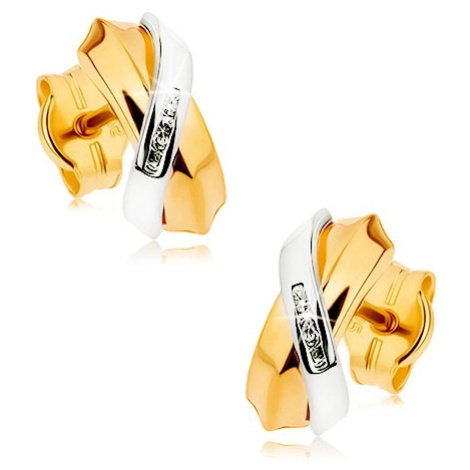 Dvoubarevné náušnice z 9K zlata - prolínající se oblouky, pás drobných zirkonů Šperky eshop