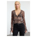 Trendyol Brown Animal Patterned Tie and Ruffle Detailed Regular/Normal Fit Knitted Blouse