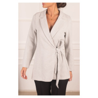 armonika Women's Gray Herringbone Patterned Stamped Jacket with Tie Sides