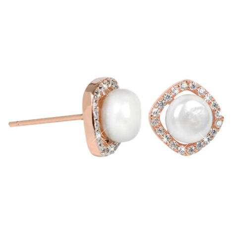 JwL Luxury Pearls Stříbrné rosegold náušnice s pravou bílou perlou a krystaly JL0252