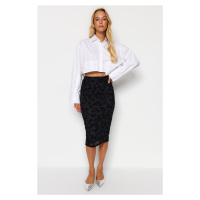 Trendyol Black Flock Printed Tulle Lined Pencil Midi High Waist Flexible Knitted Skirt